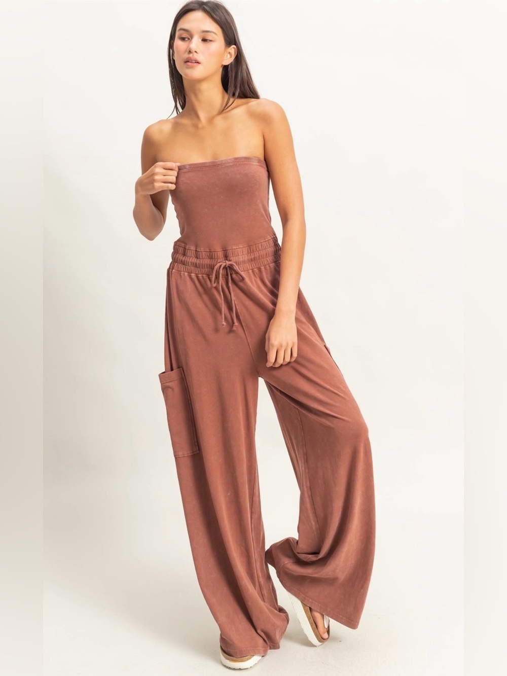 Strapless Wide-Leg Jumpsuit in Chestnut